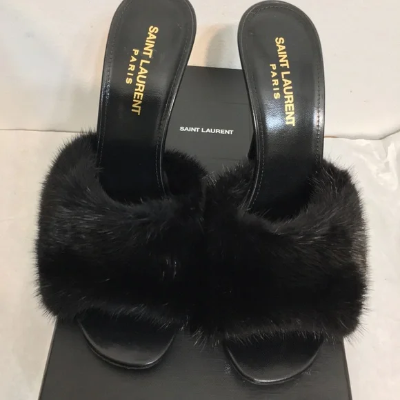 Saint Laurent Paris Roy Mink & Leather Mules Heels Size 38. Made in Italy - Picture 3 of 15